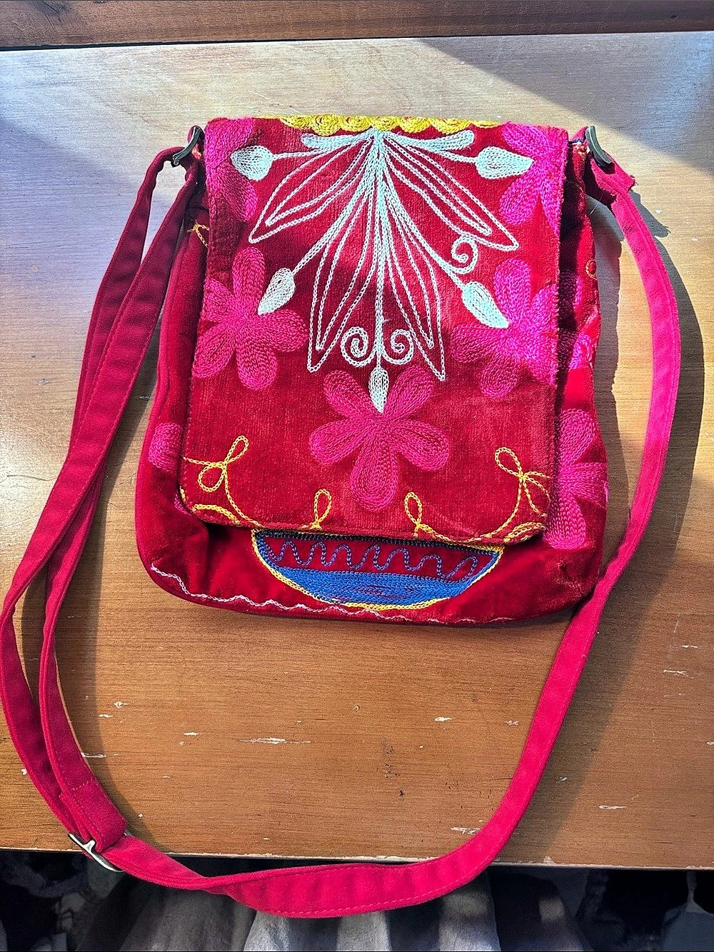 Embroidered Floral Crossbody Bag in Pink & Red